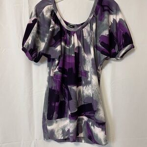 Purple and White Puff Sleeve Rounded Neckline Blouse